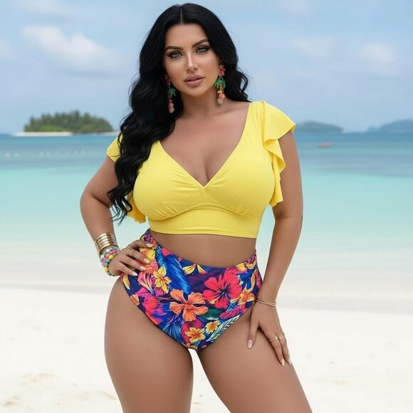 🆕 Vibrant Plus Size Boho Tankini Set 1XL Ruffle Sleeves Tropical Print Swimwear - Picture 1 of 15